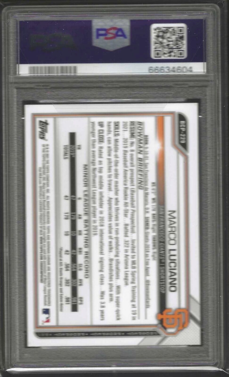 MARCO LUCIANO 2021 BOWMAN CHROME SHIMMER REFRACTOR PROSPECT #229 PSA 10 POP 1/1