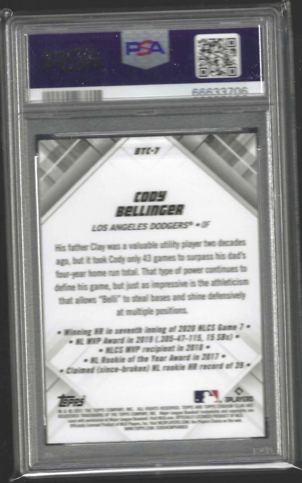 CODY BELLINGER 2021 STADIUM CLUB CHROME BEAM TEAM REFRACTOR #BTC7 PSA 10 POP 1/1