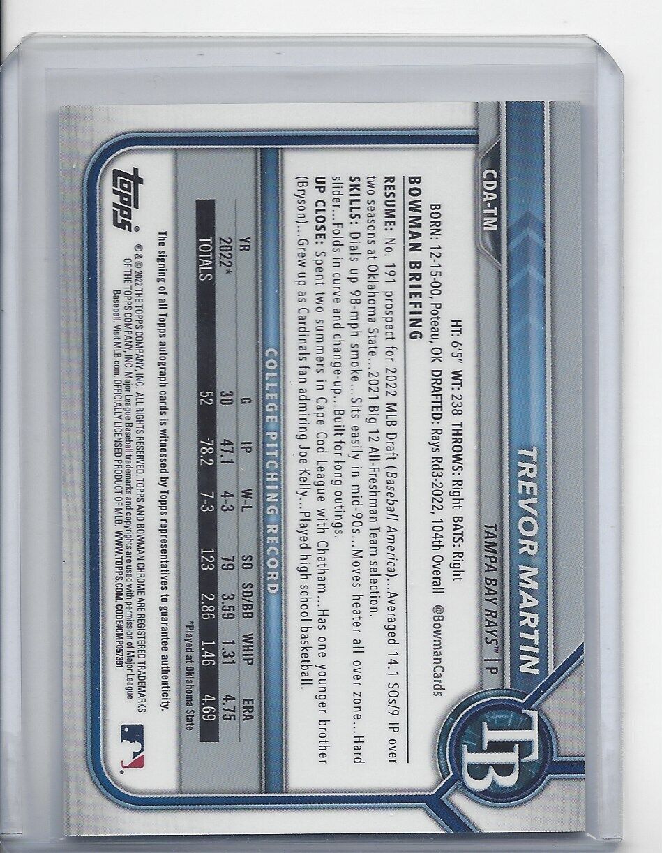 TREVOR MARTIN 2022 BOWMAN DRAFT CHROME 1ST PROSPECT ON CARD AUTO
