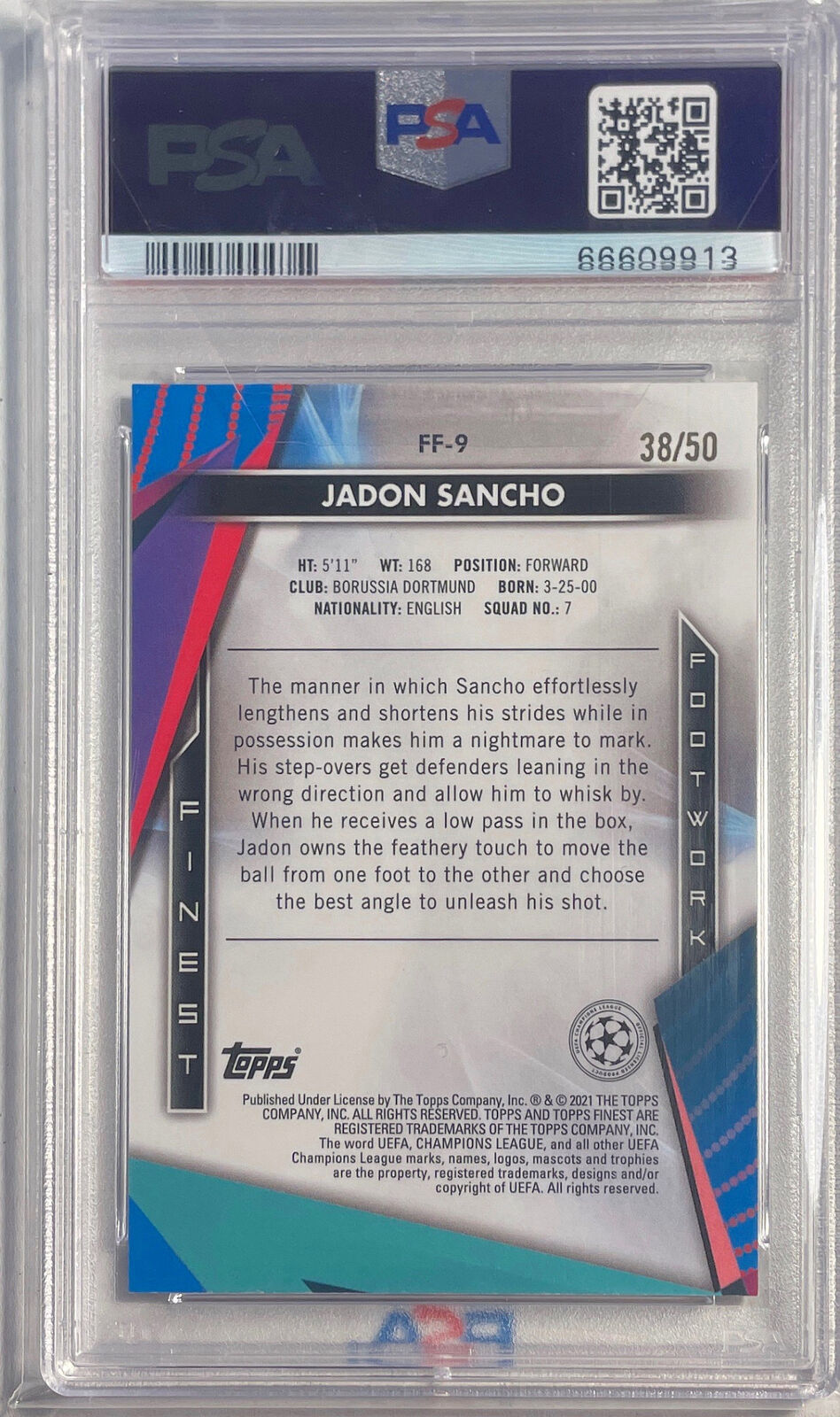 JADON SANCHO 2020-21 FINEST FINEST FOOTWORK GOLD REFRACTOR /50 PSA 10 POP 1/1