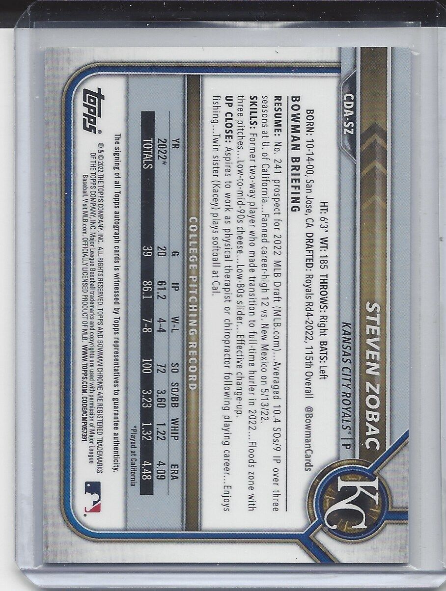 STEVEN ZOBAC 2022 BOWMAN DRAFT CHROME 1ST PROSPECT ON CARD AUTO
