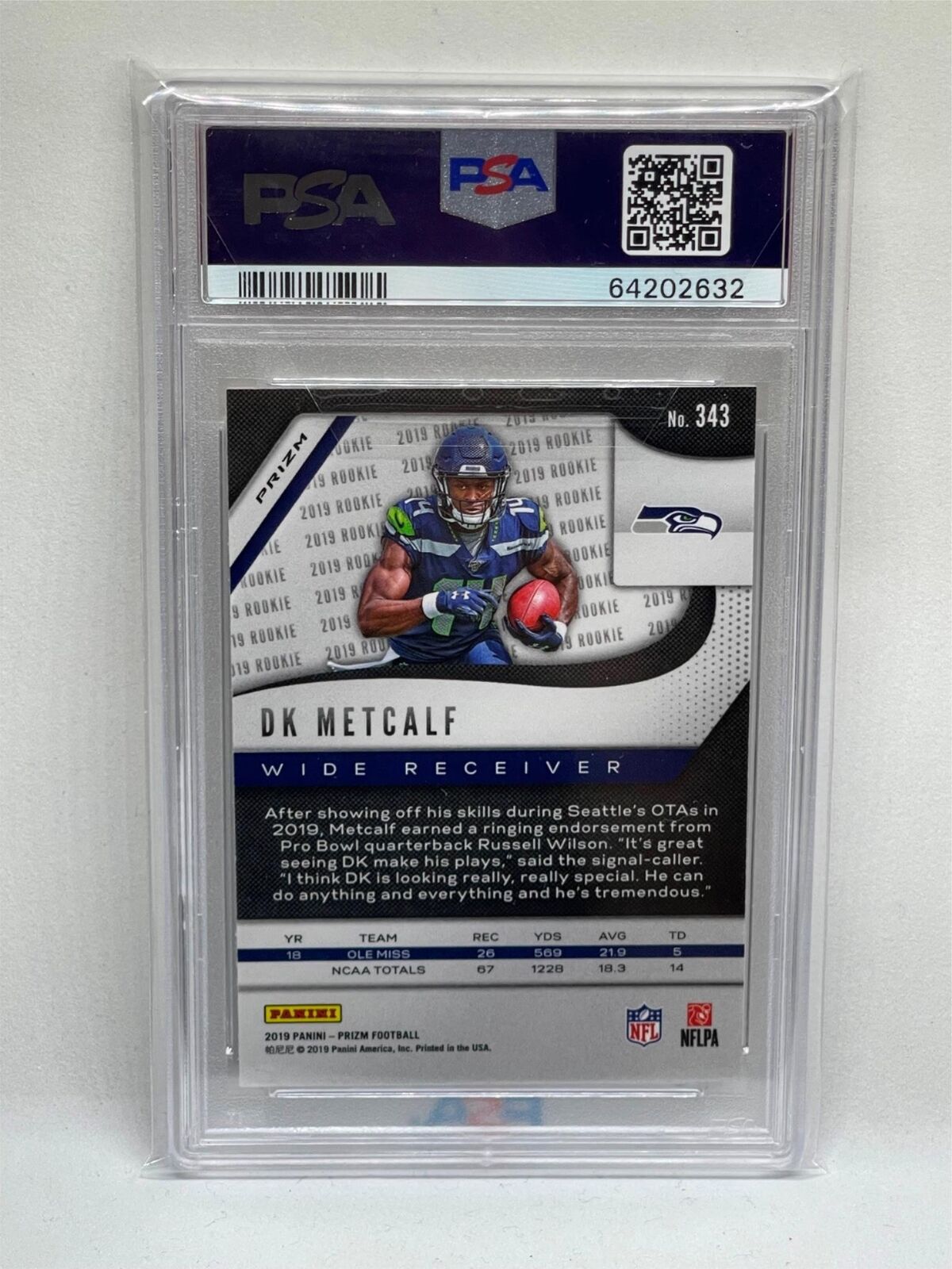 DK METCALF 2019 PANINI PRIZM SILVER PRIZM ROOKIE RC #343 PSA 10 GEM MINT