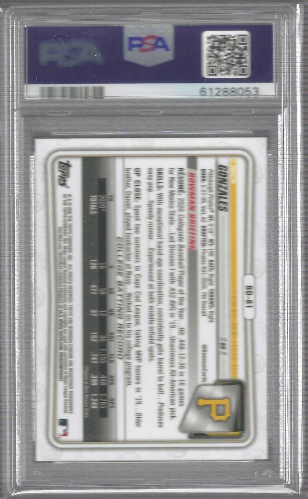 NICK GONZALES 2020 BOWMAN CHROME SHORT PRINT VARIATION PROSPECT #81 PSA 10 GEM