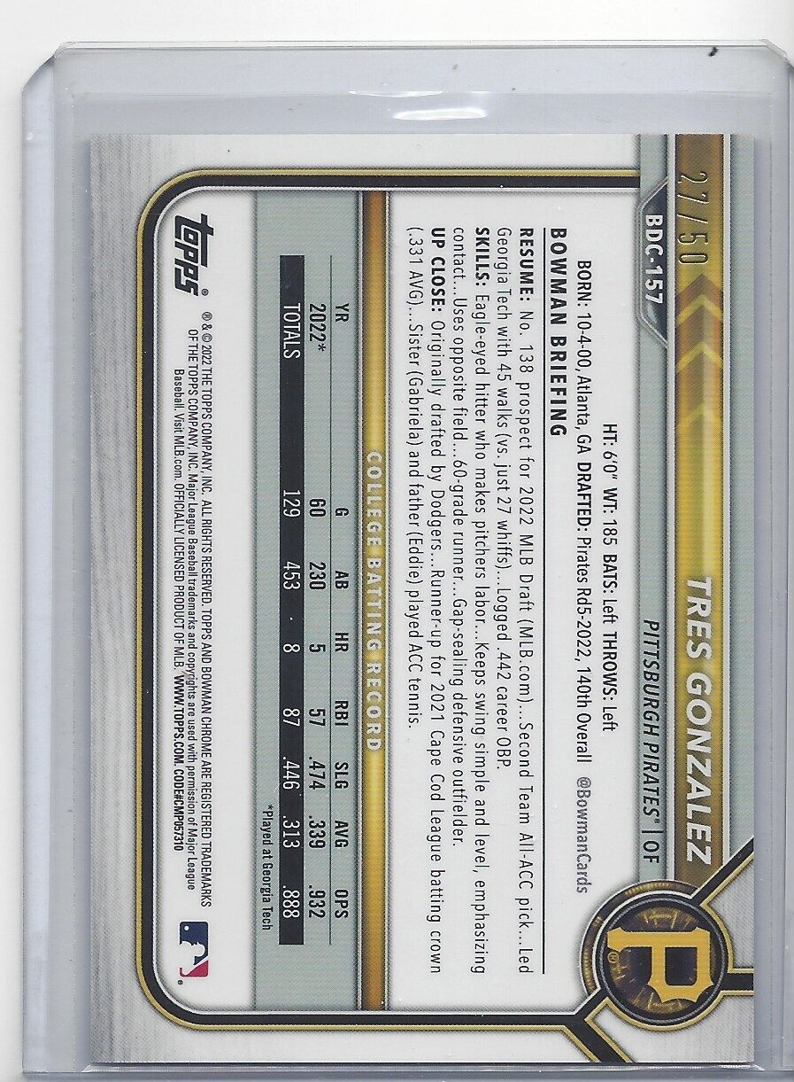 TRES GONZALEZ 2022 BOWMAN DRAFT CHROME 1ST GOLD REFRACTOR PROSPECT #D 27/50