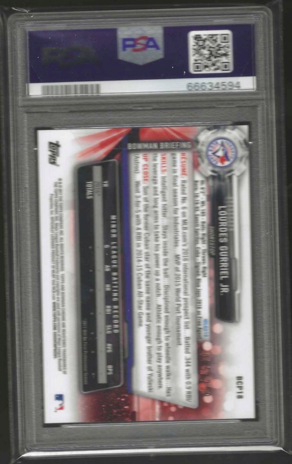 LOURDES GURRIEL JR 2017 BOWMAN CHROME PURPLE REFRACTOR 1ST /250 PSA 10 GEM POP 5