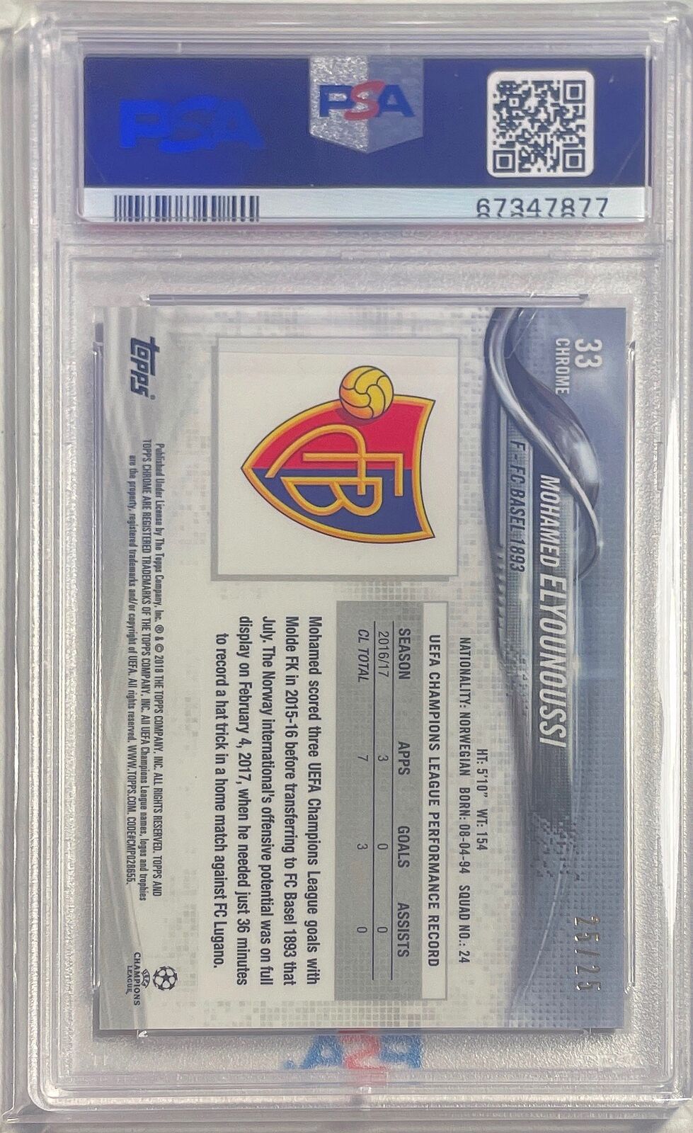 MOHAMED ELYOUNOUSSI 2017 TOPPS CHROME ORANGE REFRACTOR #D 25/25 PSA 10 POP 1/1