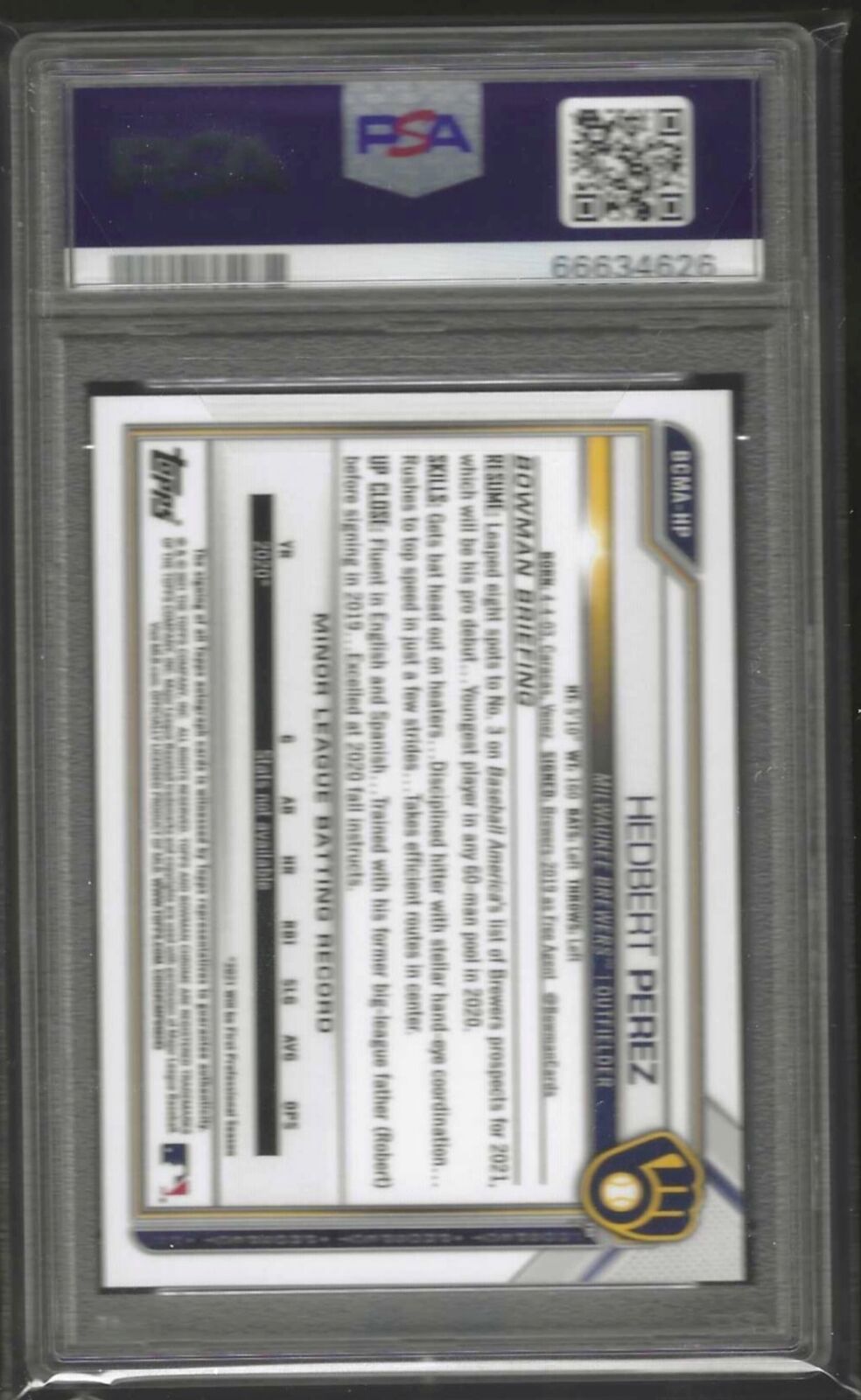 HEDBERT PEREZ 2021 BOWMAN CHROME MEGA REFRACTOR PROSPECT AUTO #HP PSA 9 POP 5