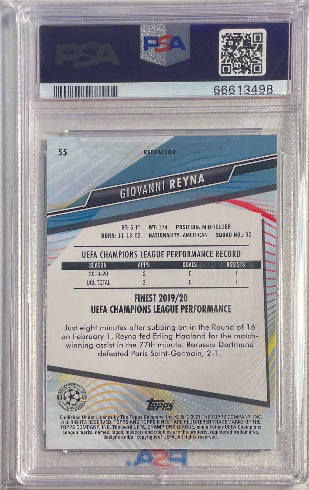 GIOVANNI REYNA 2020-21 TOPPS FINEST UCL REFRACTOR #55 PSA 10 GEM MINT POP 2