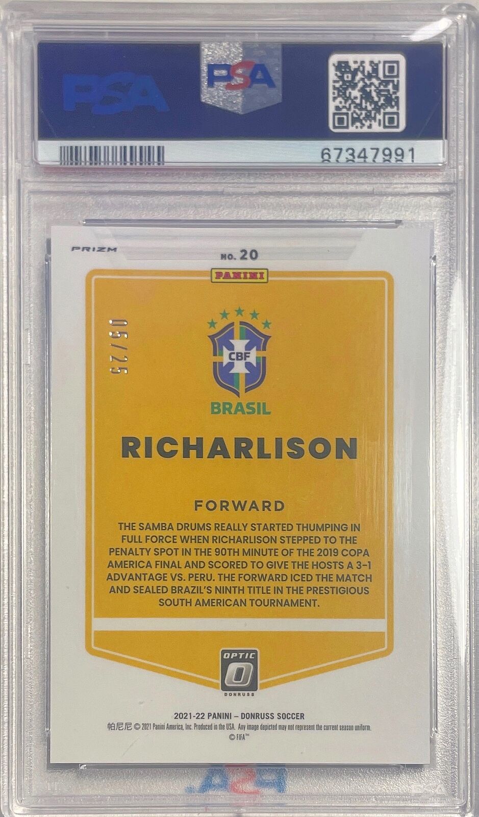 RICHARLISON 2021-22 DONRUSS OPTIC ROAD QATAR BLACK VELOCITY /25 PSA 10 POP 1/1