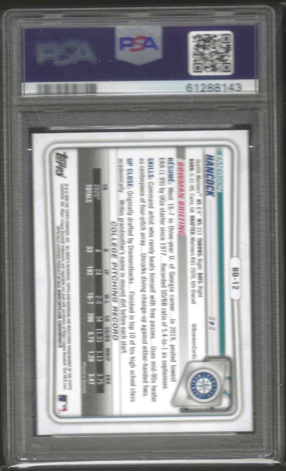 EMERSON HANCOCK 2020 BOWMAN DRAFT SKY BLUE PAPER 1ST PROSPECT /499 PSA 10 POP 2