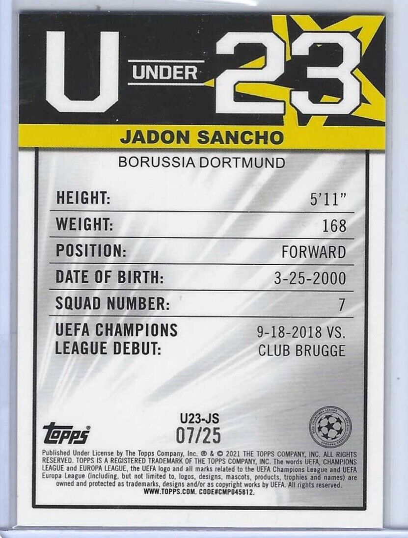 JADON SANCHO 2020-21 TOPPS MERLIN CHROME UNDER 23 ORANGE REFRACTOR #D 07/25
