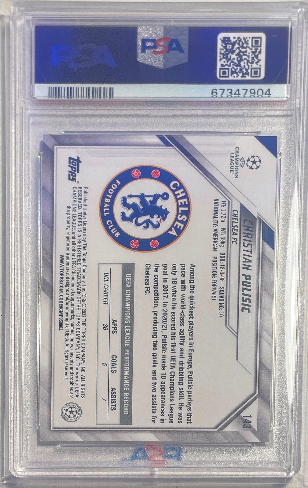 CHRISTIAN PULISIC 2021-22 TOPPS UCL SP PHOTO VARIATION #143 PSA 10 GEM POP 3