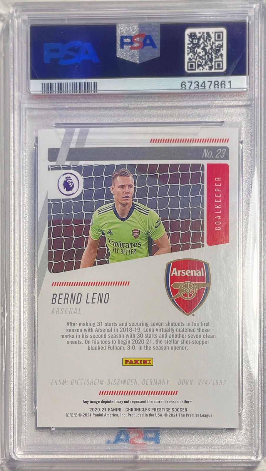 BERND LENO 2020-21 CHRONICLES EPL CRACKED ICE #D 12/23 PSA 10 GEM MINT POP 1/1