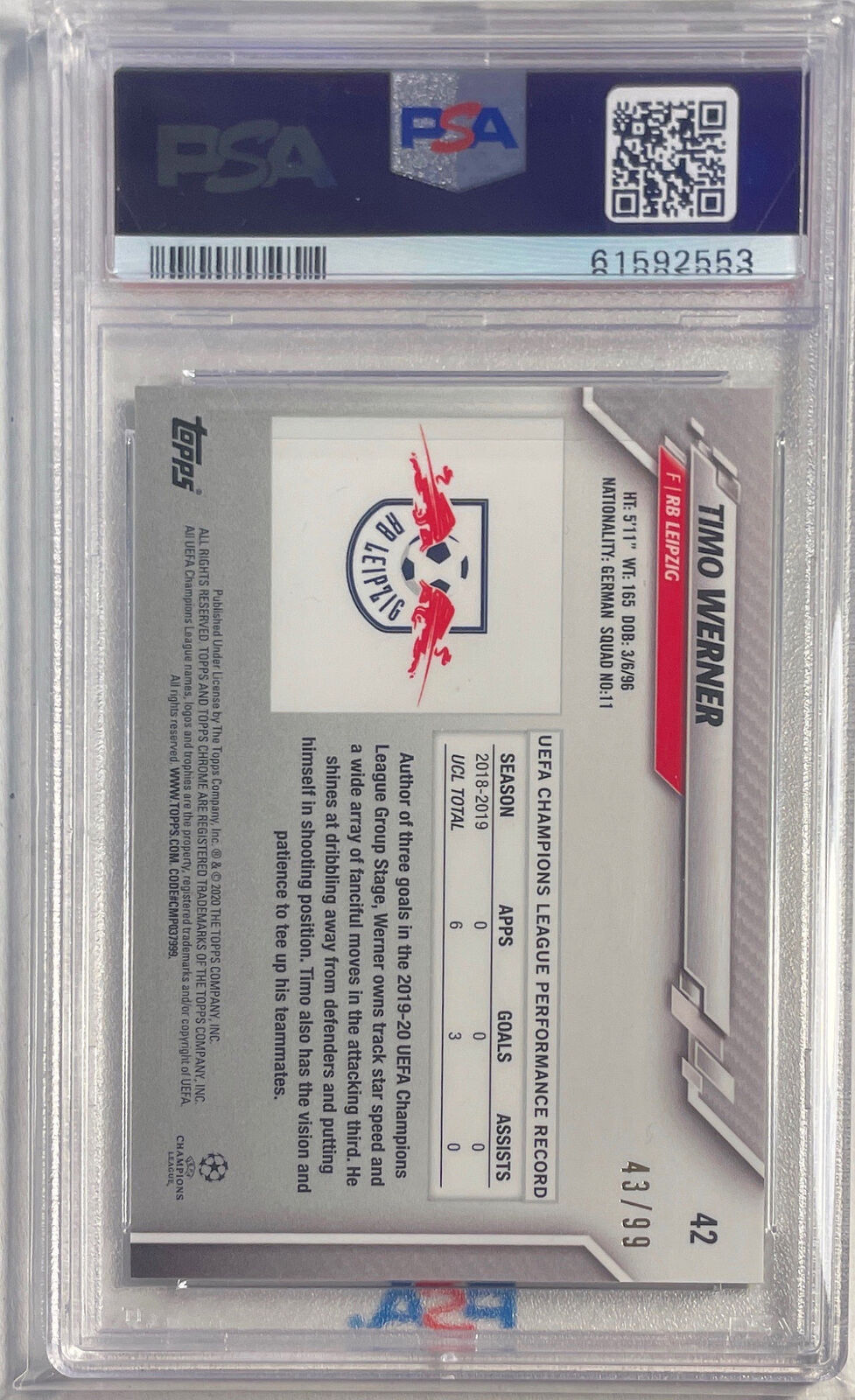 TIMO WERNER 2019-20 TOPPS CHROME UCL GREEN REFRACTOR #D 43/99 PSA 10 GEM POP 1/1