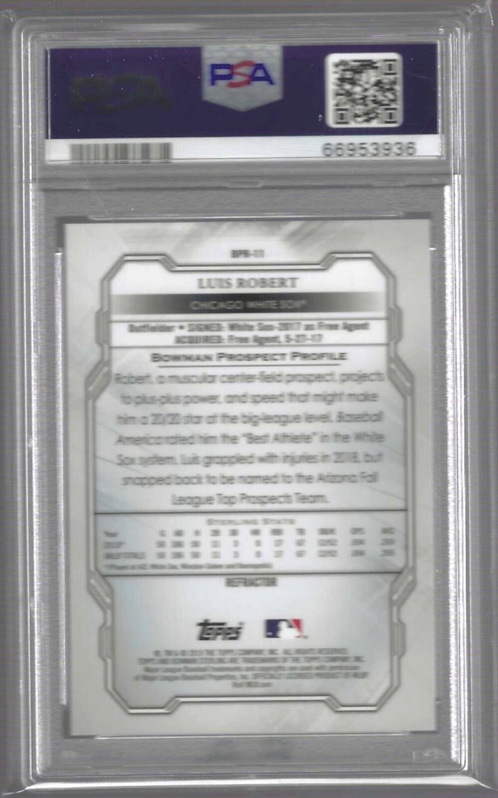 LUIS ROBERT 2019 BOWMAN STERLING REFRACTOR PROSPECT /199 PSA 10 GEM MINT POP 9