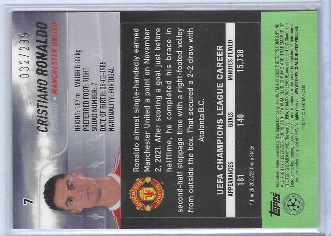 CRISTIANO RONALDO 2021-22 TOPPS STADIUM CLUB CHROME NEGATIVE REFRACTOR #D 32/299