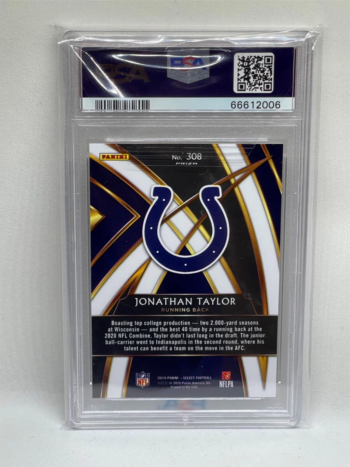 JONATHAN TAYLOR 2019 PANINI SELECT 2020 XRC PRIZM REDEMPTION ROOKIE #308 PSA 10