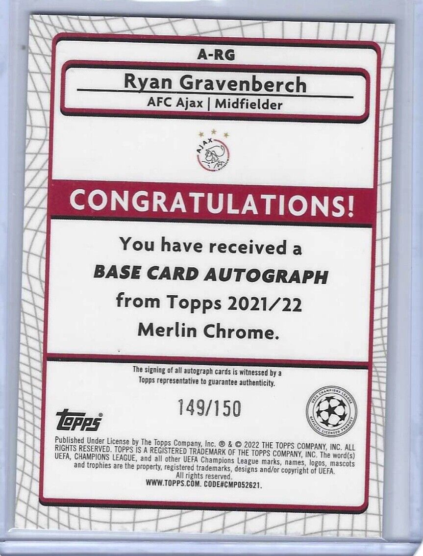RYAN GRAVENBERCH 2021-22 TOPPS MERLIN CHROME SPECKLE REFRACTOR AUTO #D 149/150