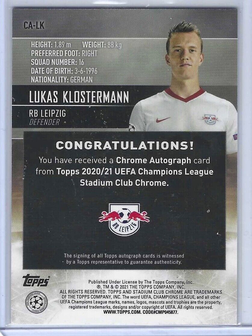 LUKAS KLOSTERMANN 2020-21 TOPPS STADIUM CLUB CHROME SILVER REFRACTOR AUTO #CA-LK