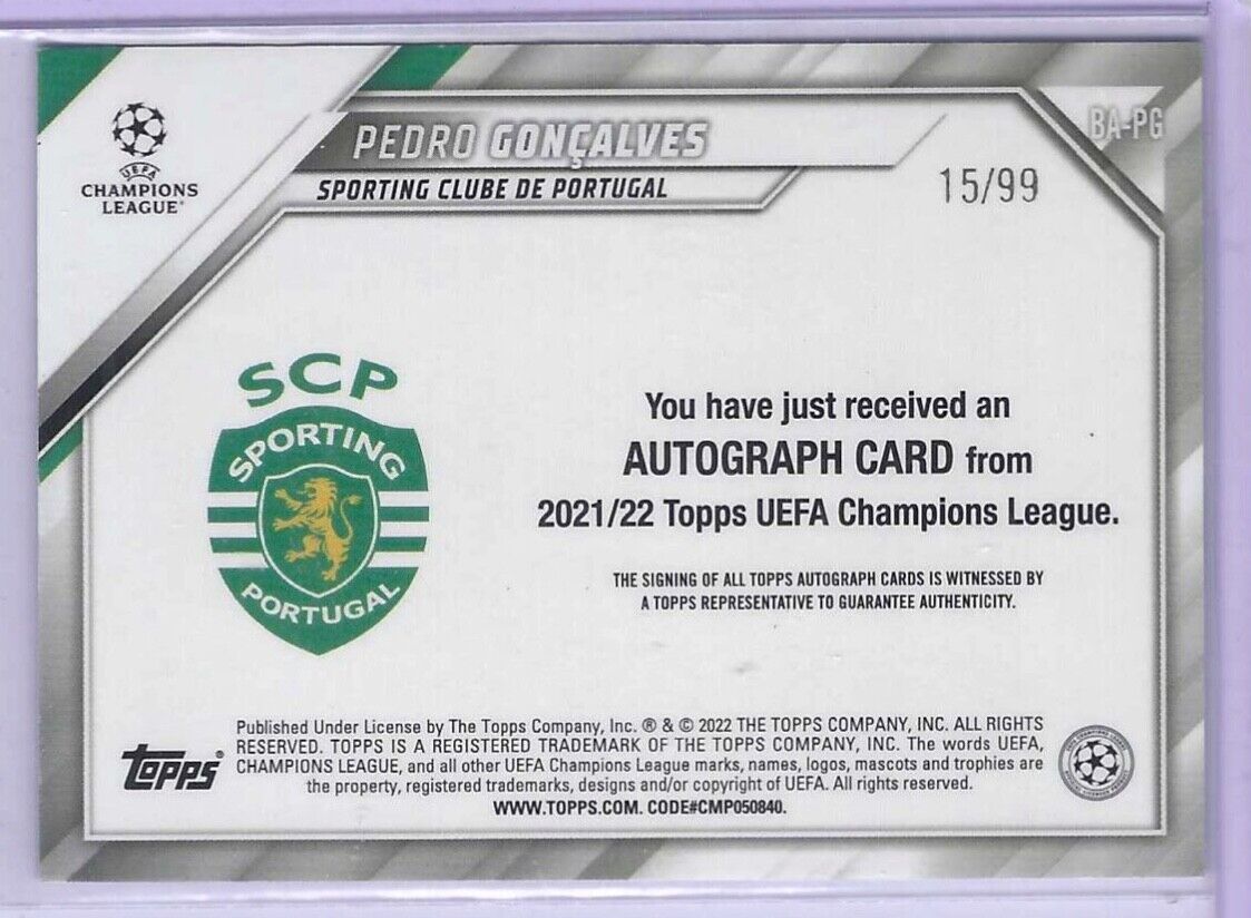 PEDRO GONCALVES 2021-22 TOPPS UEFA BLUE FOIL ROOKIE AUTO RC #D 15/99