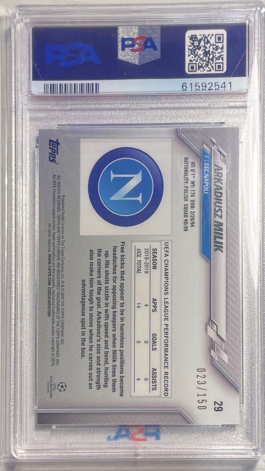 ARKADIUSZ MILIK 2019-20 TOPPS CHROME UCL BLUE REFRACTOR #D 23/150 PSA 10 POP 1/1