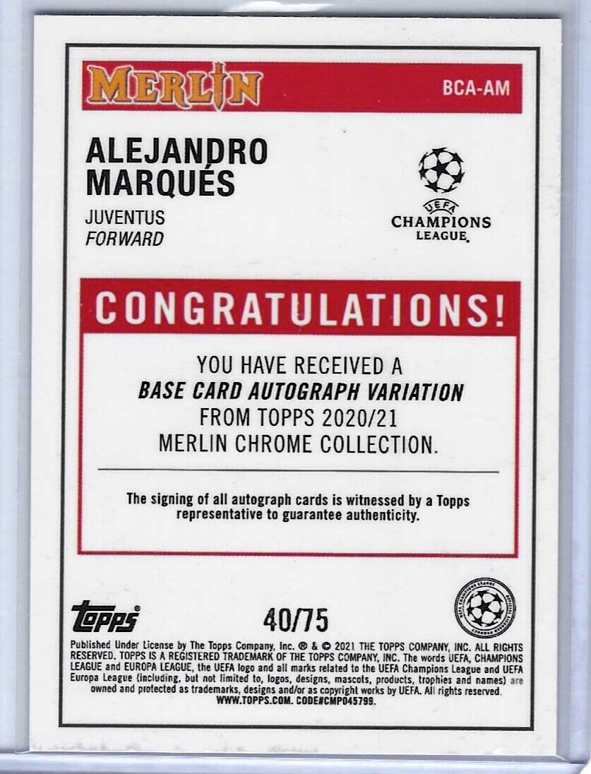 ALEJANDRO MARQUES 2020-21 TOPPS MERLIN CHROME BLUE REFRACTOR AUTO RC #D 40/75