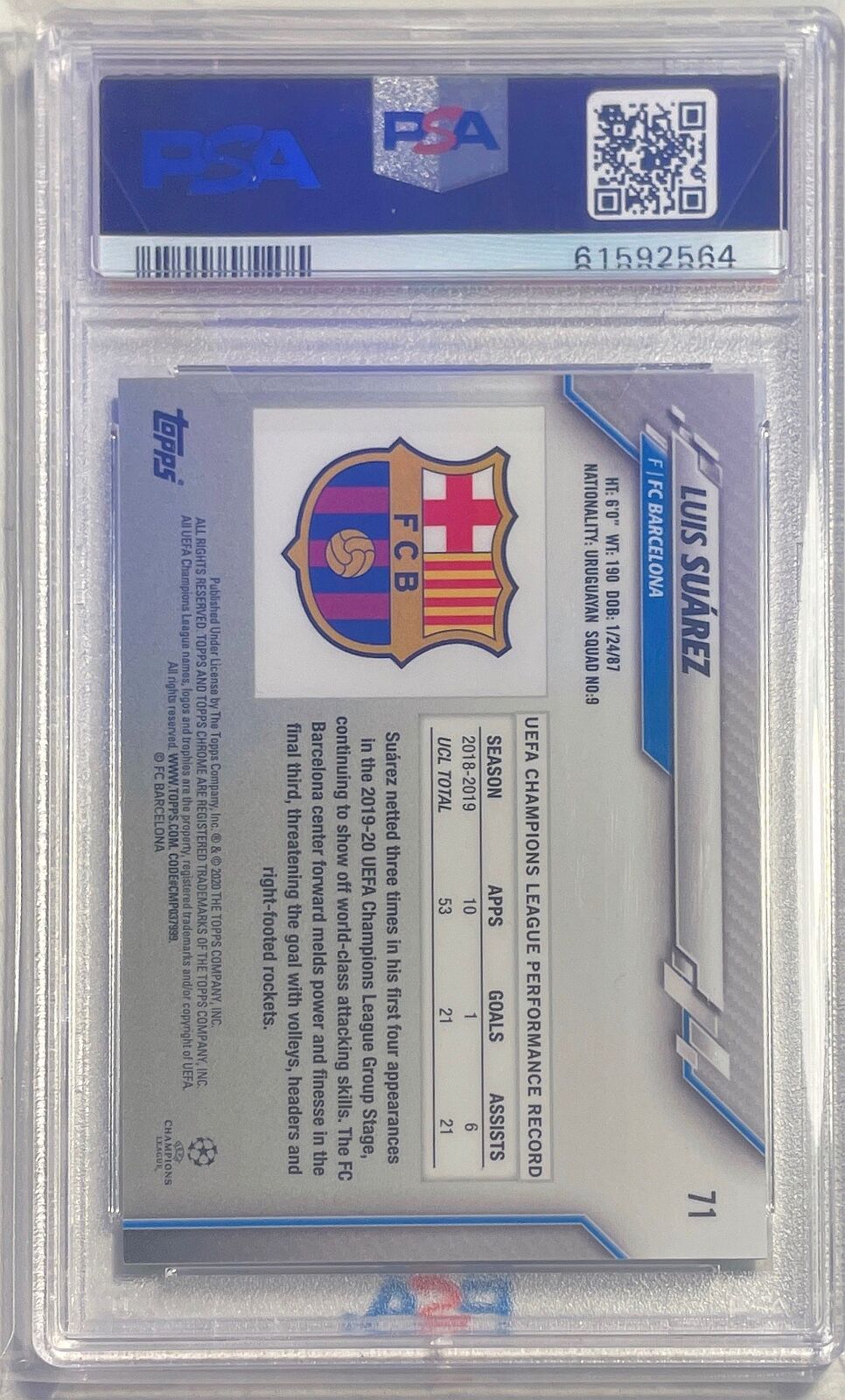 LUIS SUAREZ 2019-20 TOPPS CHROME UCL BLUE BUBBLES REFRACTOR #71 PSA 10 GEM POP 2