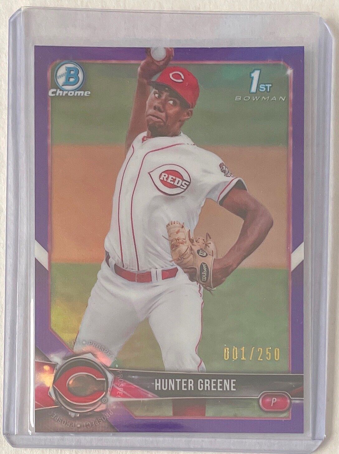 HUNTER GREENE 2018 BOWMAN CHROME 1ST PROSPECT PURPLE REFRACTOR #D 001/250