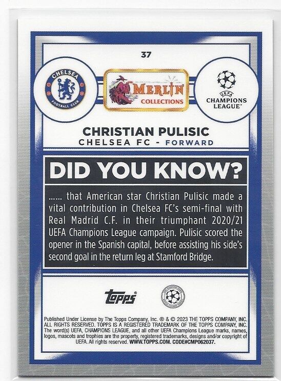 CHRISTIAN PULISIC 2022-23 TOPPS MERLIN CHROME SPECKLE REFRACTOR #D 108/150