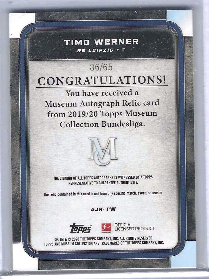 TIMO WERNER 2019-20 TOPPS MUSEUM COLLECTION SILVER FOIL PATCH AUTO #D 36/65