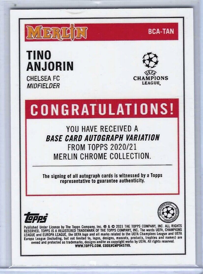 TINO ANJORIN 2020-21 TOPPS MERLIN CHROME SILVER REFRACTOR AUTO RC #BCA-TAN