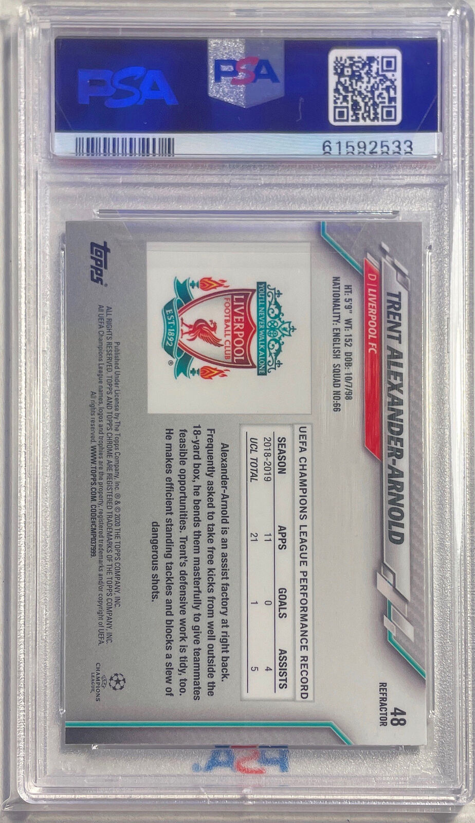 TRENT ALEXANDER-ARNOLD 2019-20 TOPPS CHROME UCL REFRACTOR #48 PSA 10 POP 16