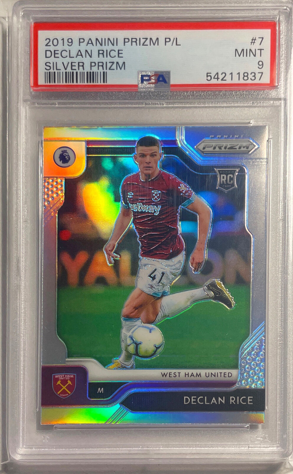 DECLAN RICE 2019 PANINI PRIZM P/L SILVER PRIZM ROOKIE RC #7 PSA 9 MINT POP 5