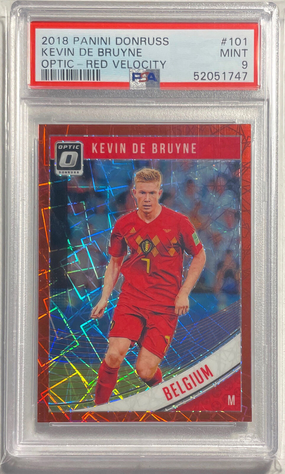 KEVIN DE BRUYNE 2018 PANINI DONRUSS OPTIC RED VELOCITY #D 48/50 PSA 9 MINT POP 3