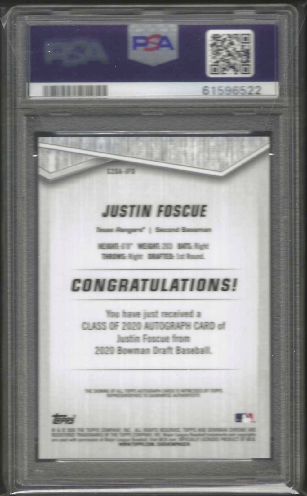 JUSTIN FOSCUE 2020 BOWMAN CHROME CLASS OF 2020 PROSPECT AUTO /250 PSA 8 POP 1