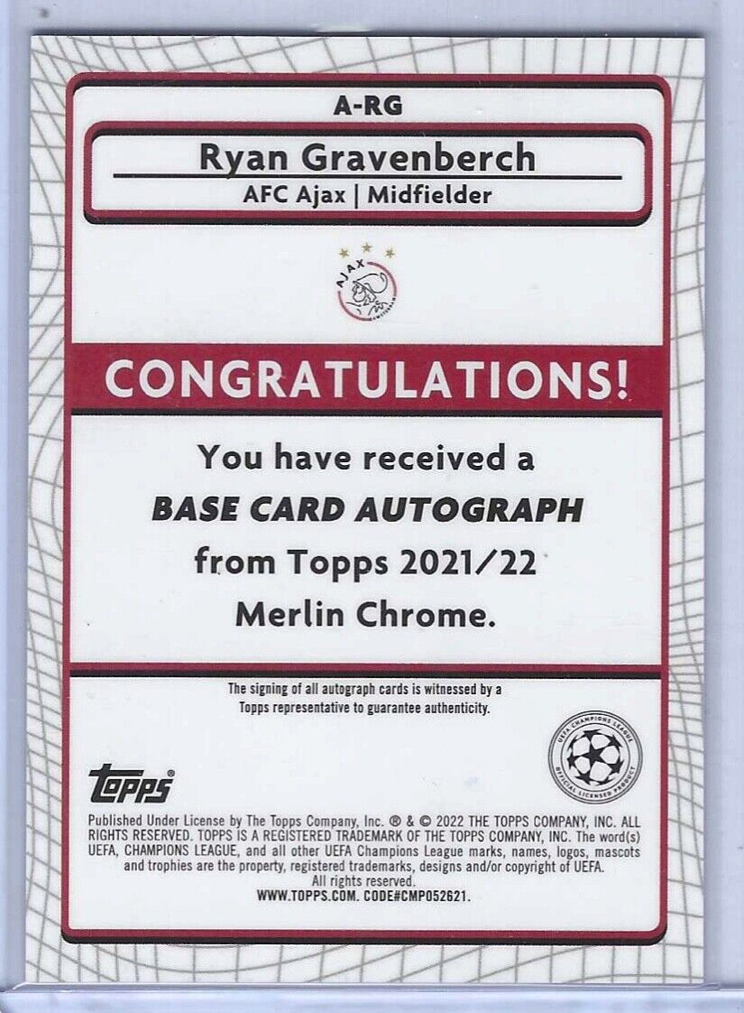 RYAN GRAVENBERCH 2021-22 TOPPS MERLIN CHROME REFRACTOR AUTO #A-RG