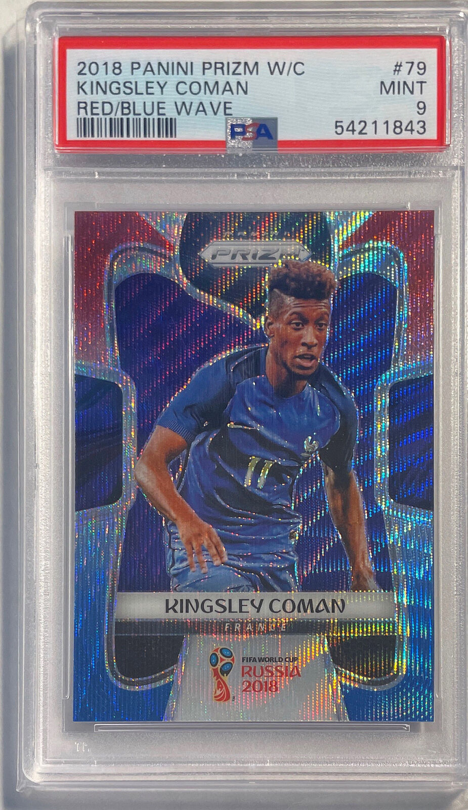 KINGSLEY COMAN 2018 PANINI PRIZM WORLD CUP RED BLUE WAVE PRIZM #79 PSA 9 POP 26