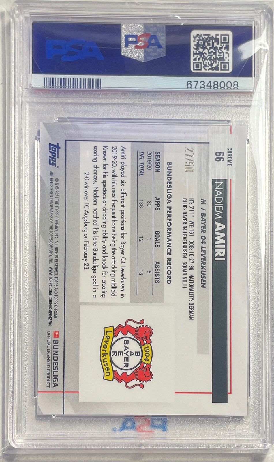 NADIEM AMIRI 2020 TOPPS CHROME BUNDESLIGA GOLD WAVE REFRACTOR /50 PSA 10 POP 1/1