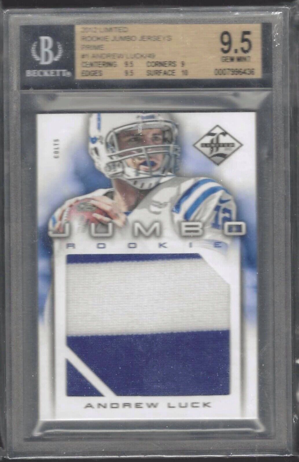 ANDREW LUCK 2012 LIMITED ROOKIE JUMBO PATCH RC /49 BGS 9.5 GEM MINT POP 3
