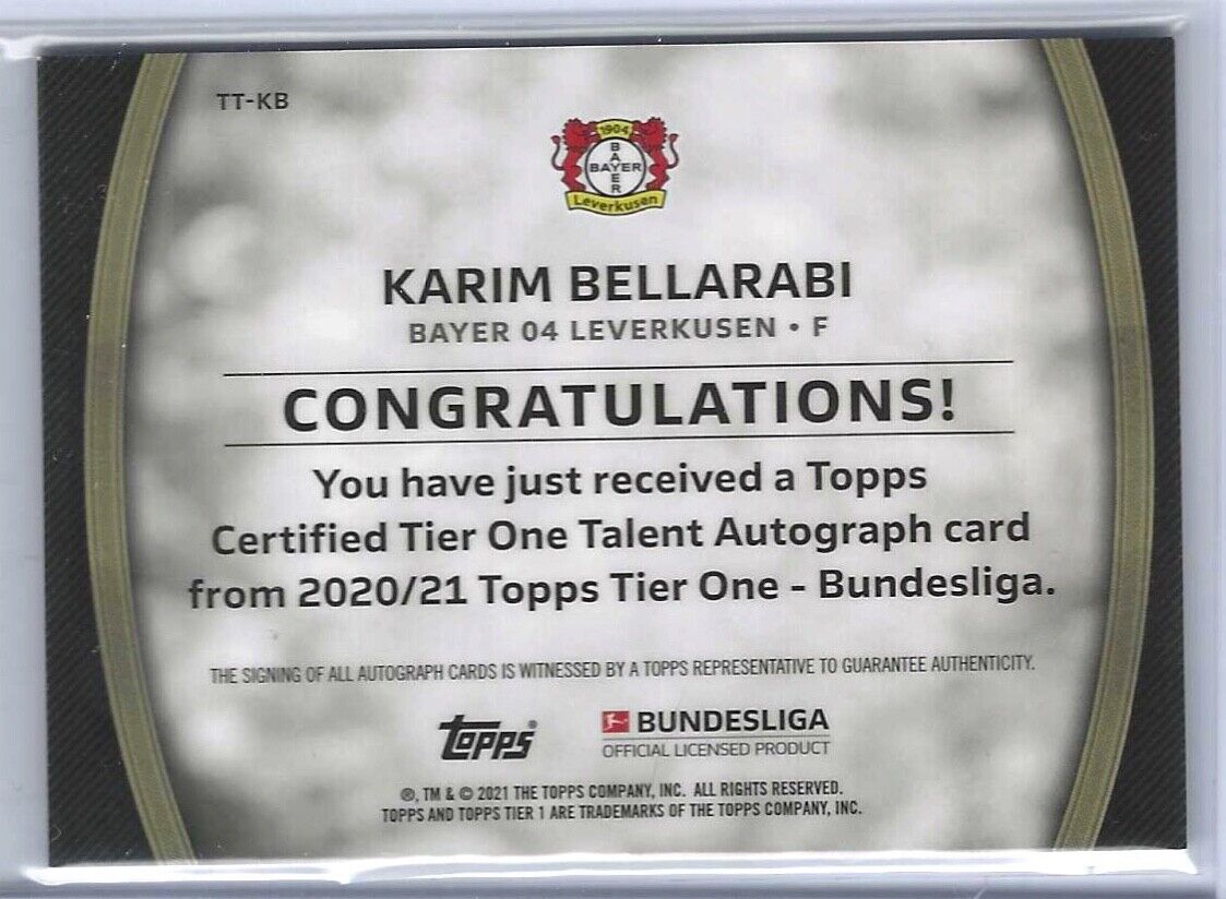 KARIM BELLARABI 2020-21 TOPPS TIER ONE BUNDESLIGA TALENT AUTO #D 020/100