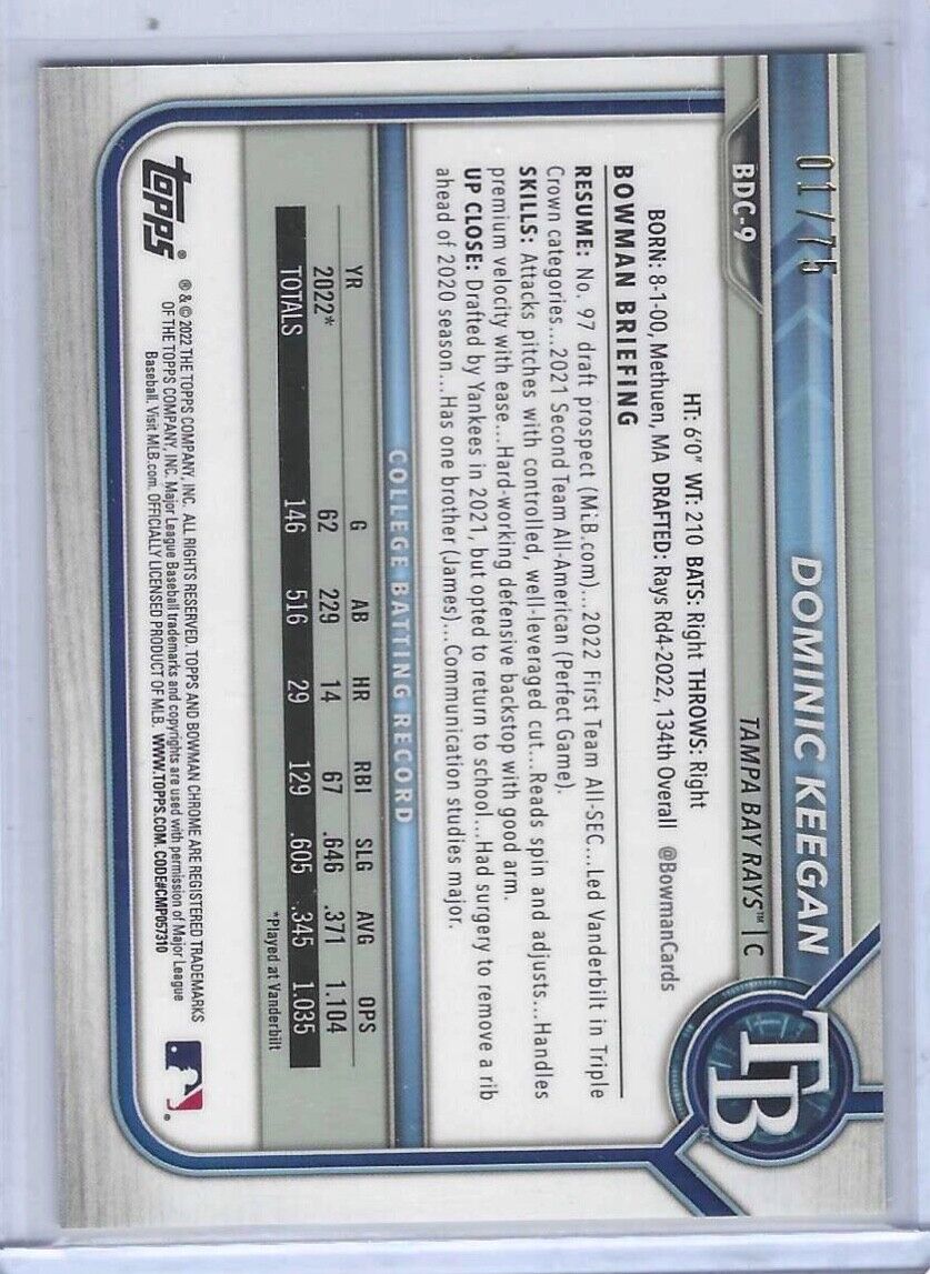 DOMINIC KEEGAN 2022 BOWMAN CHROME YELLOW LAVA REFRACTOR 1ST PROSPECT #D 01/75