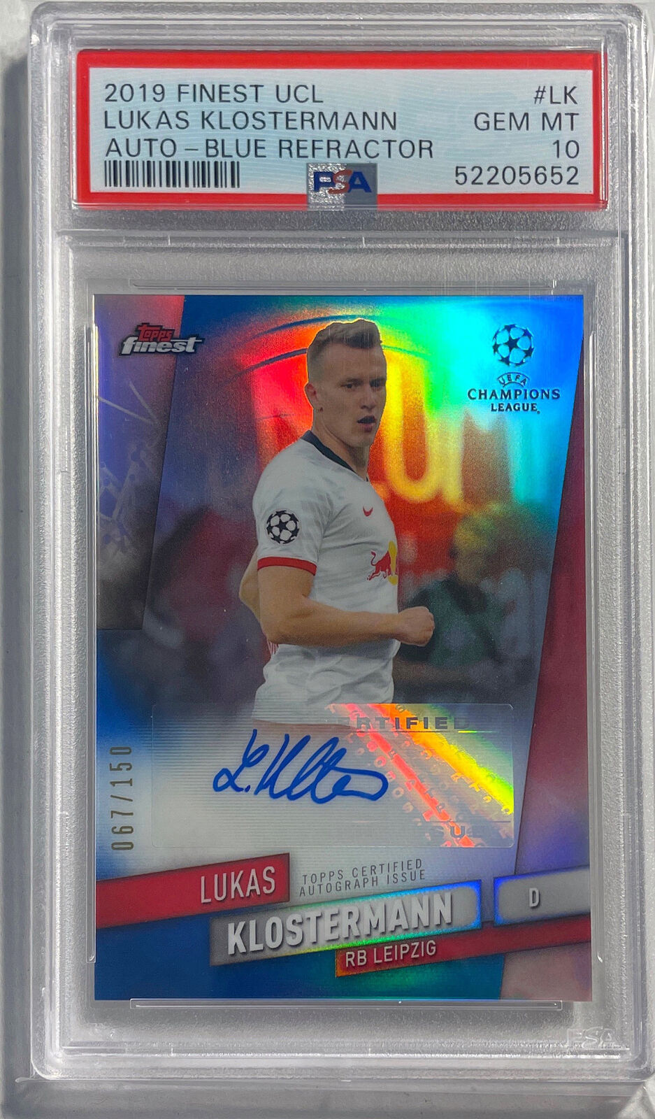 LUKAS KLOSTERMANN 2019 FINEST UCL BLUE REFRACTOR AUTO #D 67/150 PSA 10 GEM POP 4