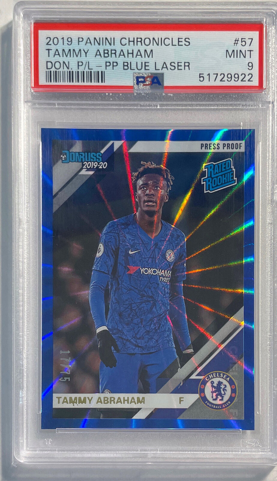 TAMMY ABRAHAM 2019 CHRONICLES BLUE LASER ROOKIE RC #D 17/75 PSA 9 MINT POP 7