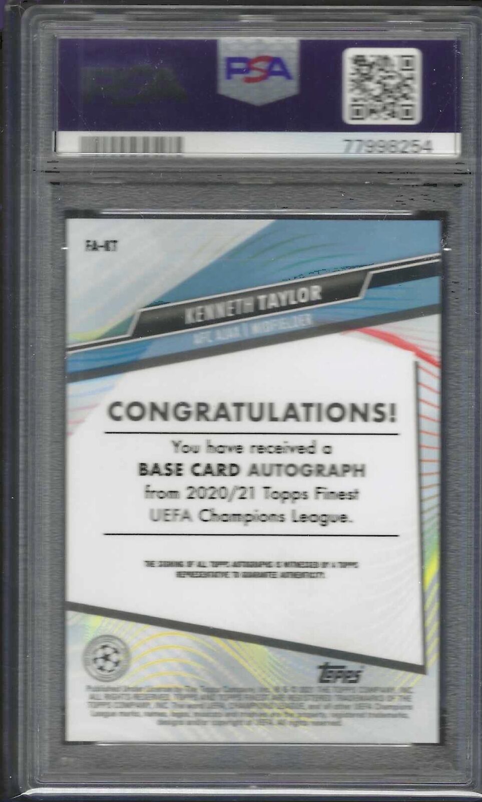 KENNETH TAYLOR 2020 TOPPS FINEST UCL ROOKIE REFRACTOR AUTO RC PSA 10 GEM MINT
