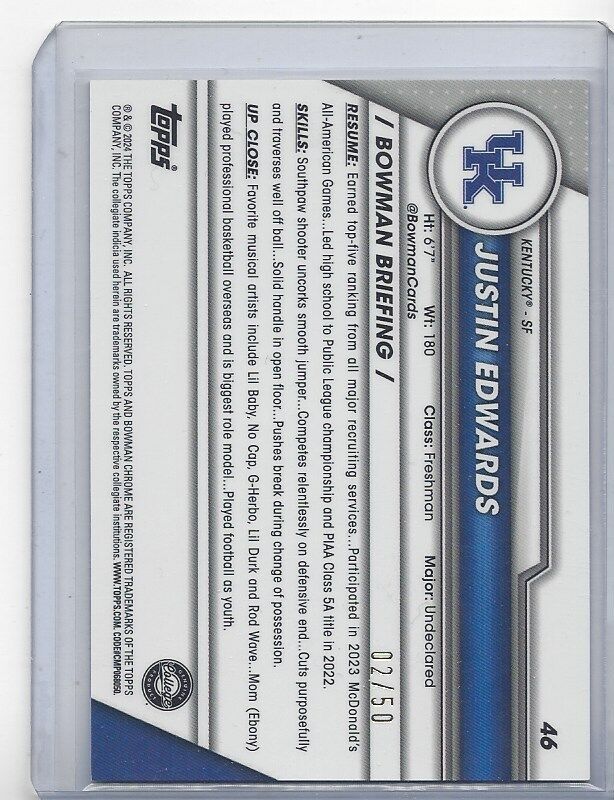 JUSTIN EDWARDS 2023-24 BOWMAN CHROME UNIVERSITY 1ST GOLD SHIMMER REFRACTOR /50