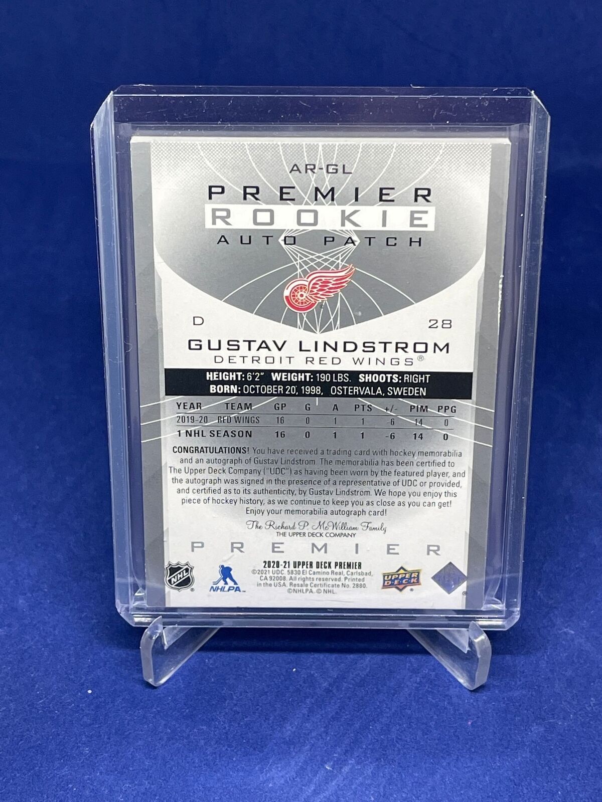 GUSTAV LINDSTROM 2020-21 UPPER DECK PREMIER RPA ROOKIE PATCH AUTO RC #D 245/249