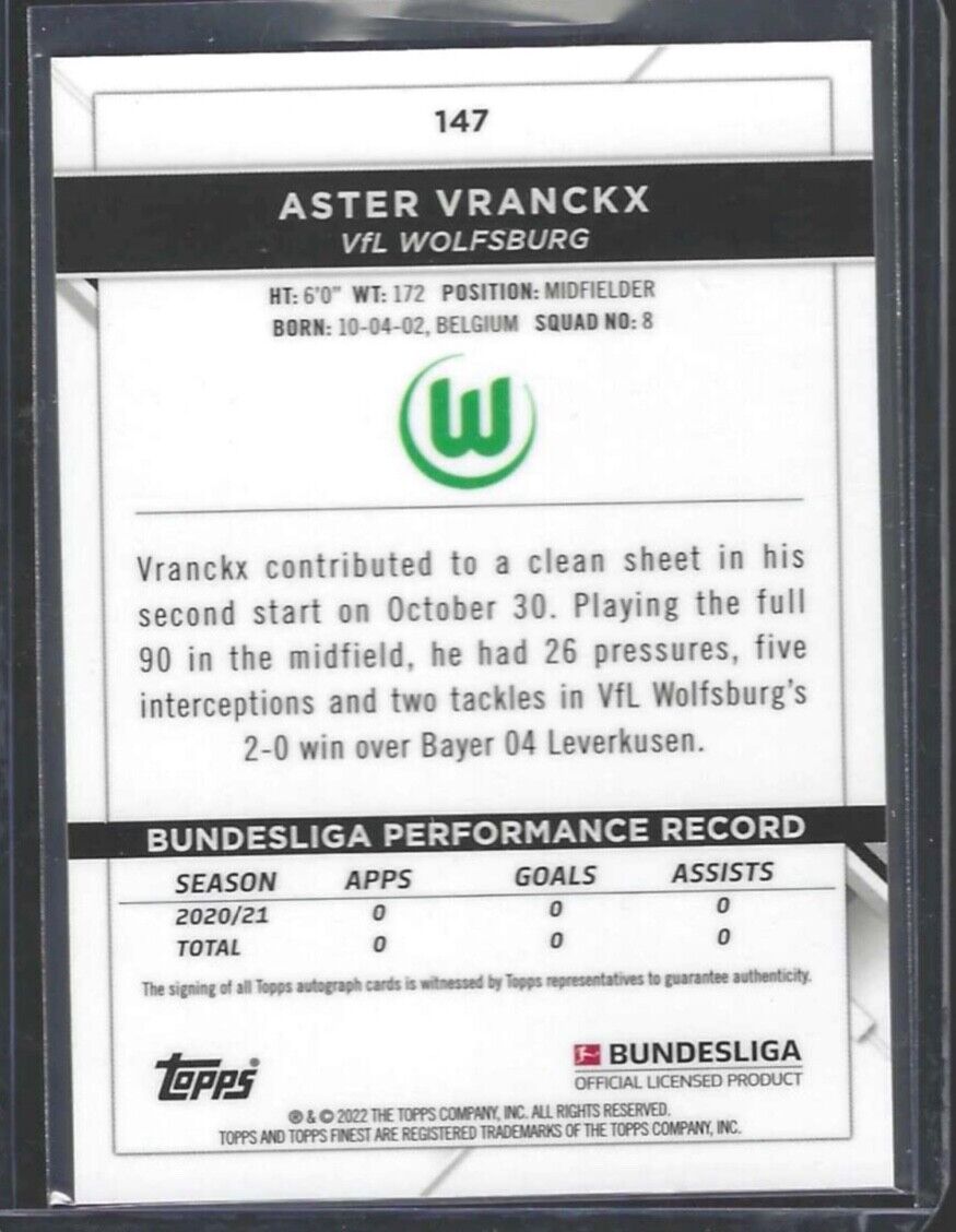 ASTER VRANCKX 2021-22 TOPPS FINEST SILVER REFRACTOR ROOKIE AUTO RC #147