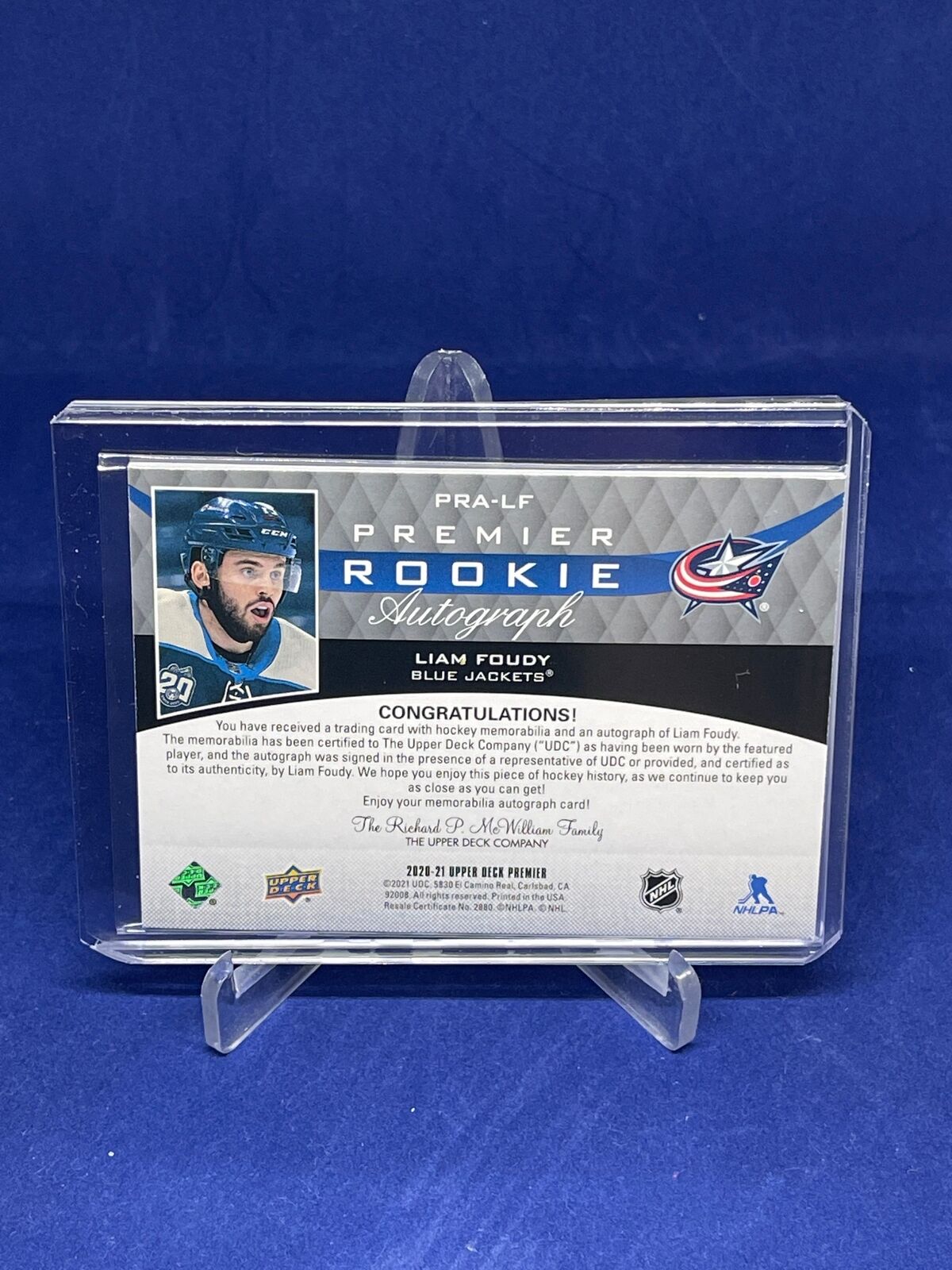 LIAM FOUDY 2020-21 UPPER DECK PREMIER ROOKIE QUAD PATCH ON CARD AUTO RC #D 45/99