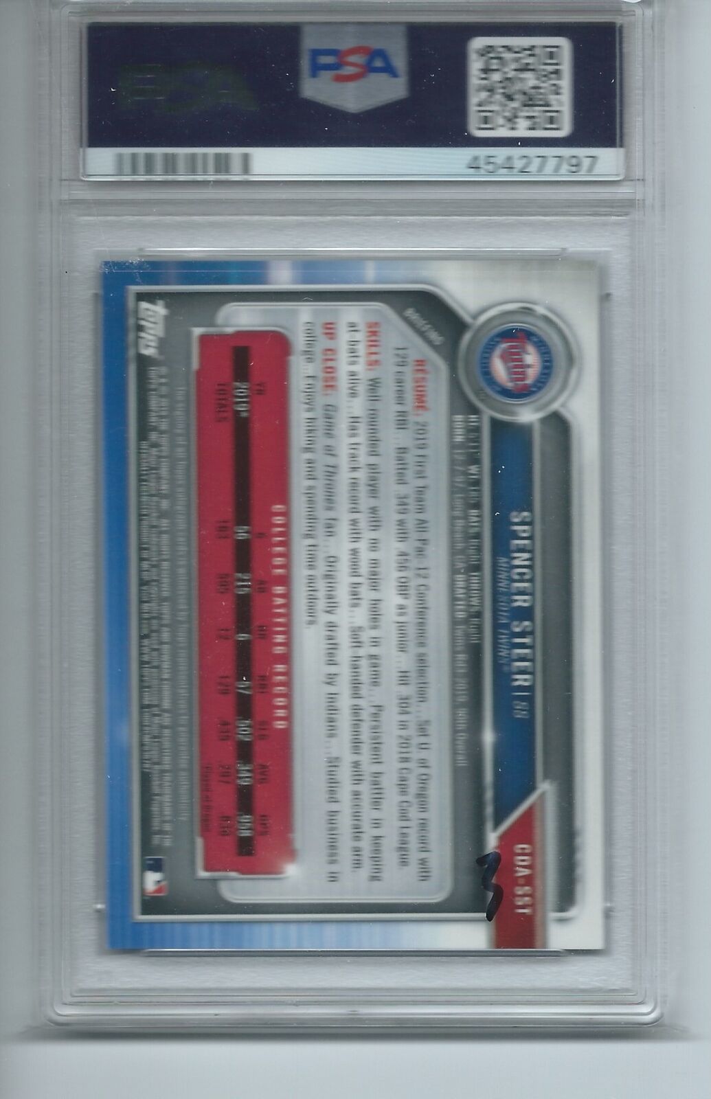 SPENCER STEER 2019 BOWMAN CHROME DRAFT BLUE WAVE REFRACTOR 1ST AUTO 1/150 PSA 10