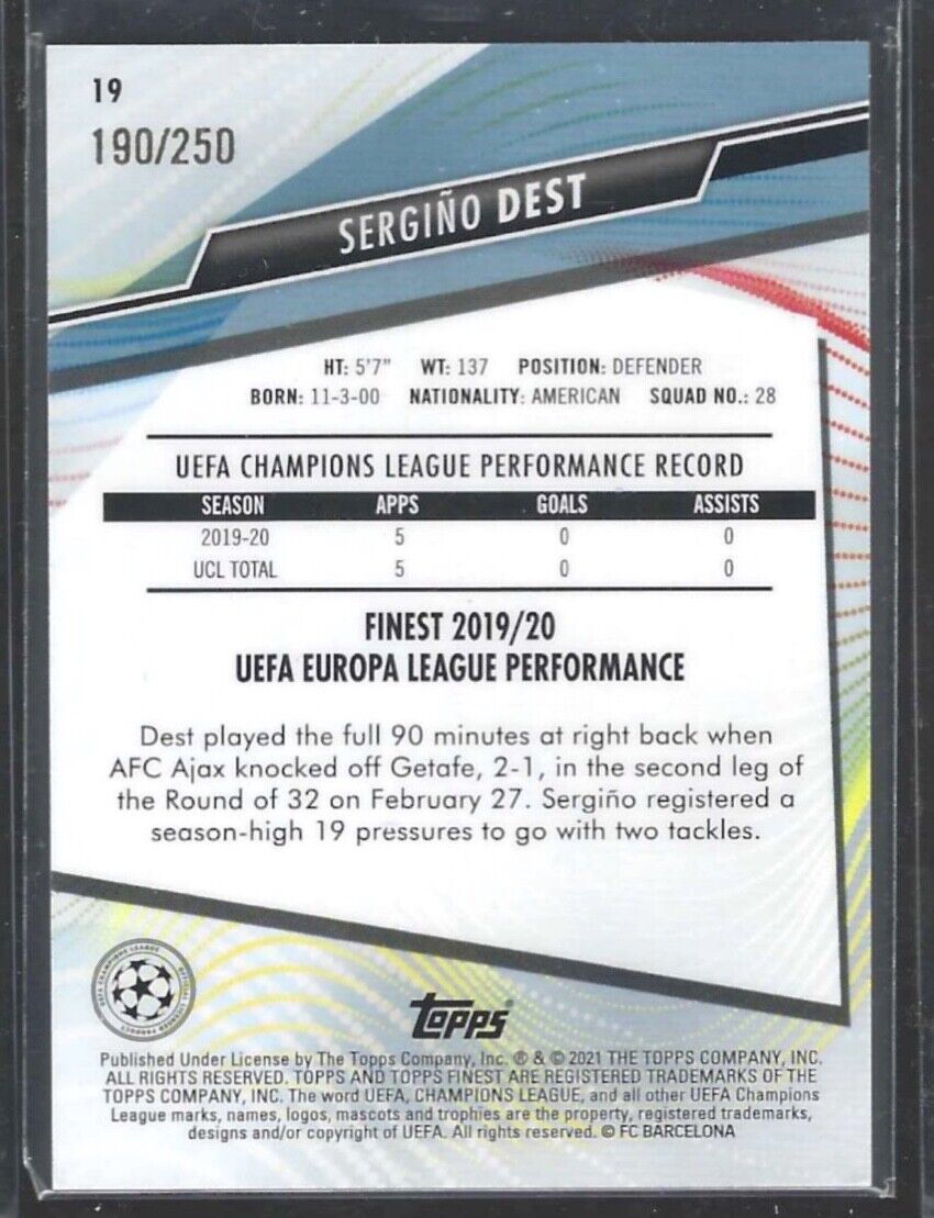 SERGINO DEST 2020-21 TOPPS FINEST PURPLE REFRACTOR RC #D 190/250